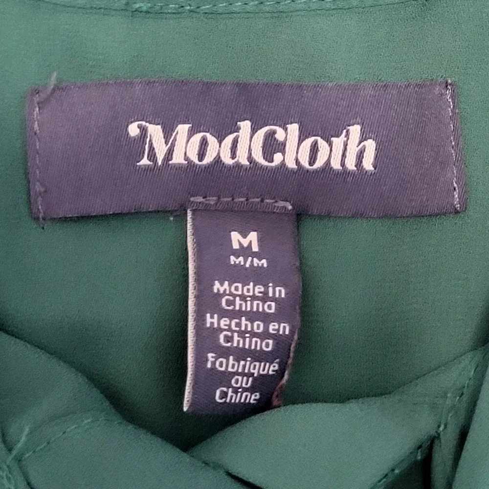 ModCloth Womens Emerald Green Tie Neck Flutter Sleeve Blouse Medium Retro Top - Picture 4 of 6